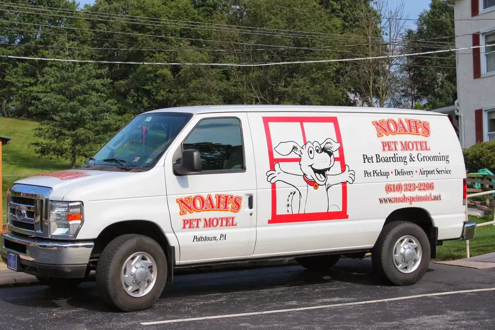 The Noah's Pet Motel van, lettered for pet boarding and grooming with pickup, delivery and airport service